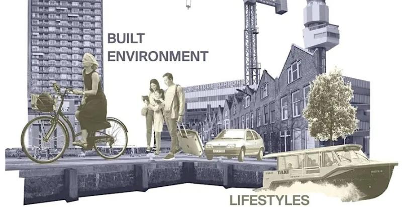 Beeld met gebouwde omgeving en mensen